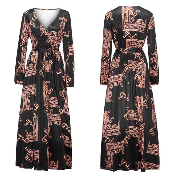 🌺 DRESS PAISLEY DESIGNER BAROQUE LONG SLEEVE MAXI BLACK BROWN FANCY ELEGANT - Picture 3 of 9